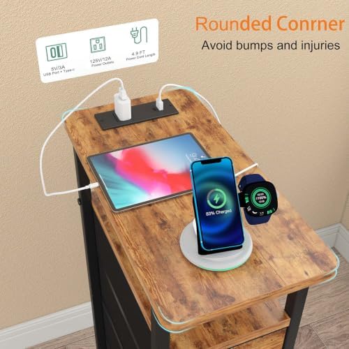 sthmec Side Table with Charging Station, Narrow End Table with 4 Drawers, Small Nightstands with Fabric Drawers,Slim Sofa Couch Side Tables for Small Spaces,Living Room,Bedroom,Rustics Brown - Image 4