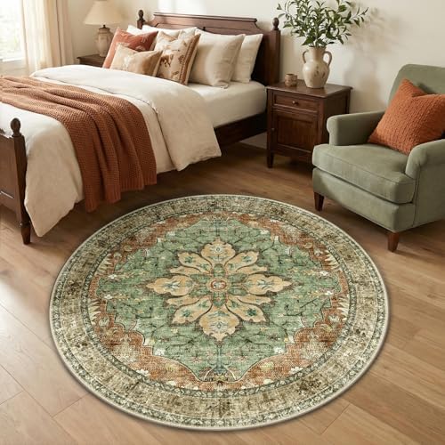 RELEANY Washable Area Rug, Round 4ft, Brick/Brown/Green by RELEANY
