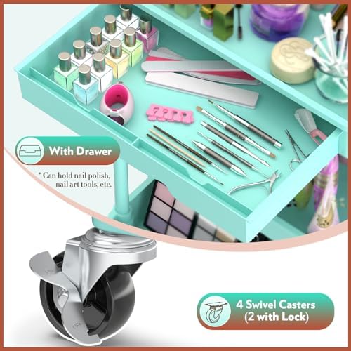 SUNALLY Makeup Cart Organizer with Drawer, 3 Tier Rolling Makeup Cart, Blue - Image 3