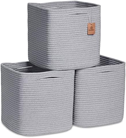 NaturalCozy Storage Cubes 11 Inch Cotton Rope Woven Baskets for Organizing, 3-Pack | Cube Storage Bin | Square Storage Baskets for Shelves Organizer, Classroom, Kids Toy Bins, Closet, Baby Nursery by NaturalCozy