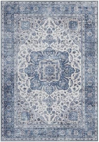 ReaLife Rugs Machine Washable Area Rug - Living Room Bedroom Bathroom Kitchen Entryway Office - Padded Low Pile Stain Resistant Premium - Boho Farmhouse Vintage - Joy - Blue Ivory 5' x 7' - Image 3