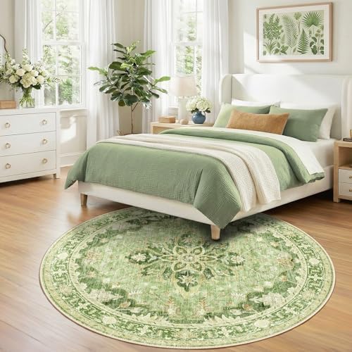 RELEANY Washable Area Rug, Round 7ft, Green/Yellow - Image 2