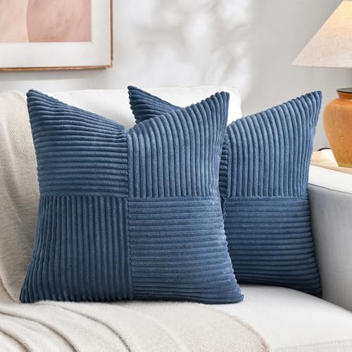 Fancy Homi 2 Packs Dusty Blue Decorative Throw Pillow Covers 18x18 Inch for Living Room Couch Bed, Farmhouse Boho Home Decor, Soft Corss Corduroy Patchwork Textured Square Cushion Case 45x45cm by Fancy+Homi