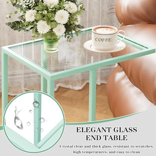 Easy Paws C Shaped Table,Glass Side End Table for Sofa,Tempered Glass Snack Couch Dinner Tv Tray Table with Metal Frame,Small Bedside Nightstand Table for Small Space(Green) - Image 5