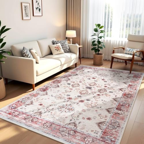 Hanples 5x8 Area Rugs for Living Room, Washable Rug Vintage Floral, Red by Hanples
