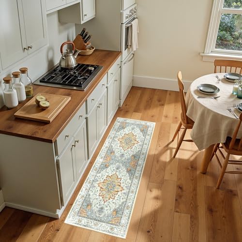 RELEANY Washable Area Rug, Runner 2'x5', Beige/Carbon Grey/Orange by RELEANY