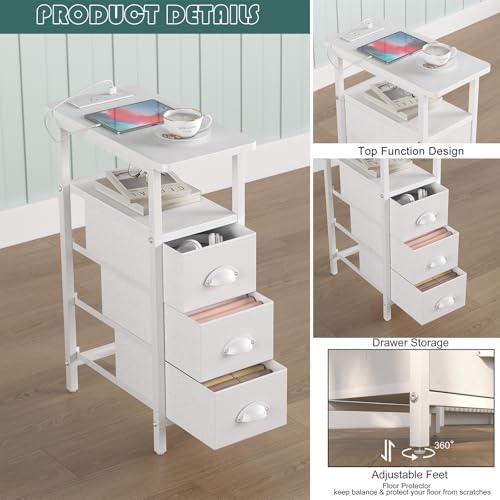 shtmec Narrow End Table Set of 2 with Charging Station, Side Tables Set 2 with Fabric Drawers, Small Bedside Tables Nightstands for Small Space, Slim Sofa Couch Table for Livingroom, White - Image 5