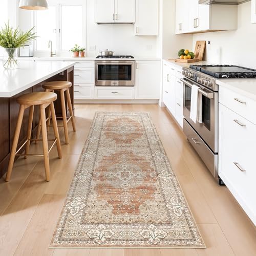 3x8 Washable Hallway Runner Rug - Non-Slip Vintage Rugs Terracotta Beige - Image 3