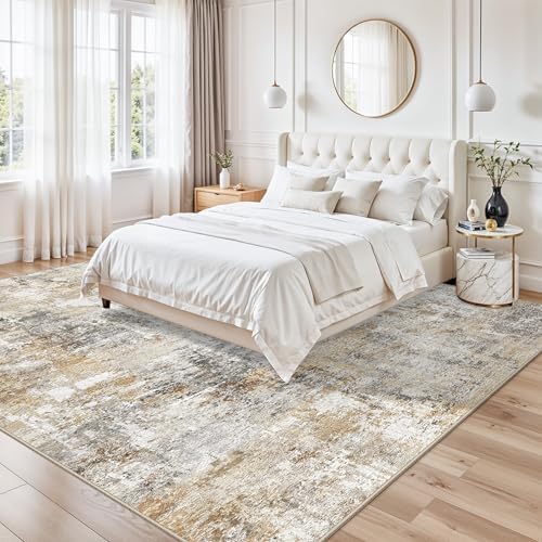 10x10 ft Square Living Room Rug – Washable Modern Abstract Area Rug for Bedroom, Dining Room, Playroom – Neutral Non-Slip Low-Pile Thin Indoor Carpet (Gold Grey) - Image 2
