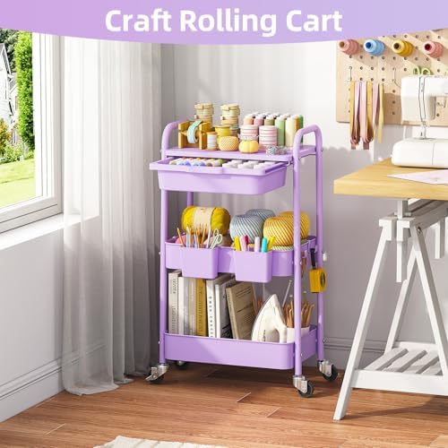KINGRACK 3 Tier Metal Rolling Cart with Drawer, Purple Utility Storage Cart | 2 Cups & 4 Hooks, Lockable Wheels, Trolley Organizer for Bathroom, Kitchen, Office, Nursery, Dorm, Laundry, Craft Room - Image 7