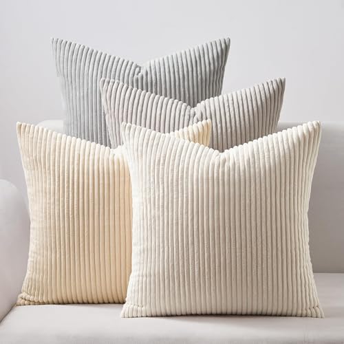 Topfinel 4 Packs Neutral Decorative Throw Pillows Covers 22x22 Inch for Living Room Couch Bed Sofa, Rustic Farmhouse Boho Neutral Home Decor, Soft Plush Striped Corduroy Square Cushion Case 55x55 cm by Topfinel