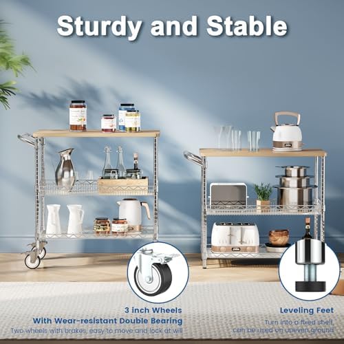Rolling Kitchen Carts with Wheels, 3-Tier Utility Cart with Wood Tabletop - Image 6