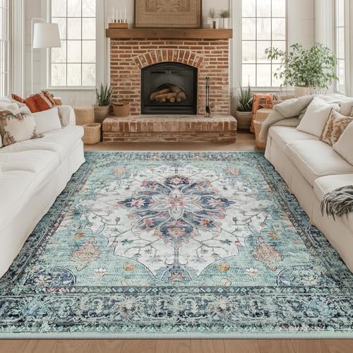 RELEANY Washable Area Rug, Square 8'x8', Teal Green/White/Navy by RELEANY