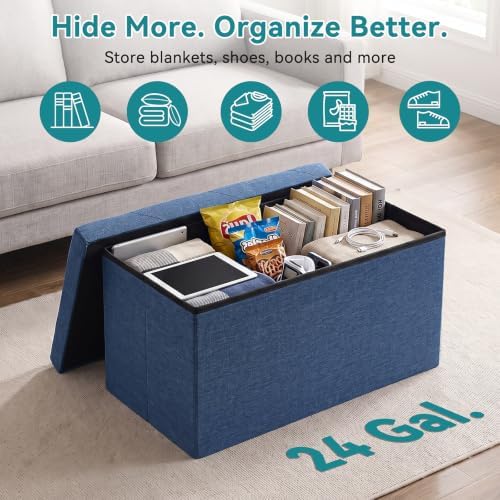 OLIXIS 30 Inch Folding Storage Ottoman Bench, Blue Ottoman with Storage - Image 5