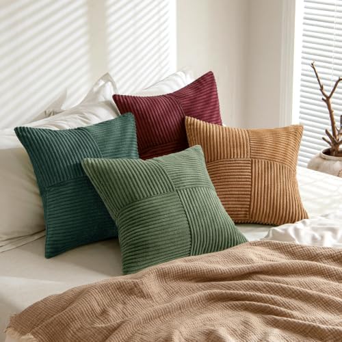 MIULEE Boho Christmas Green Decorative Throw Pillow Covers 18x18 Set of 4 Farmhouse Cushion Covers Color-Clash Corduroy Pillow Cases Modern Soft Corduroy Patchwork Home Decor for Couch Sofa Bedroom - Image 3