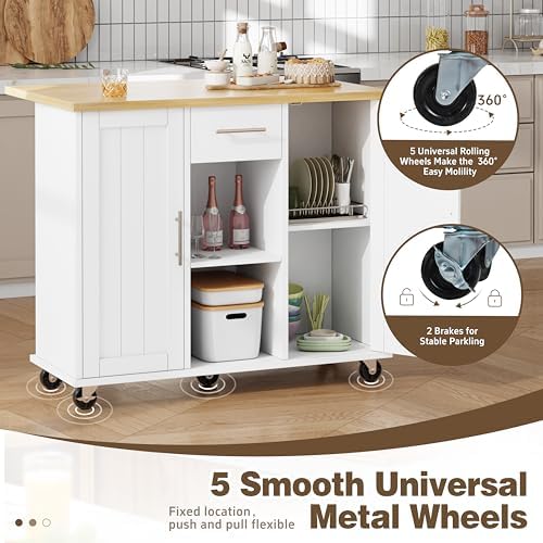 Shintenchi Kitchen Island with Storage, Bar Cart Cabinet Island Table on Wheels, Rolling Microwave Cart for Kitchen with Drop Leaf, Drawers, Towel Rack, Seating Area for Dining Room, White - Image 6