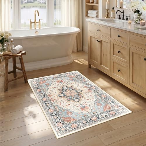 RELEANY Washable Area Rug, Small 2'6"x4', Beige/Blue/Orange by RELEANY