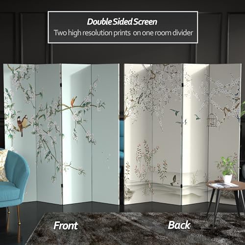 Red Lantern 6 ft. Tall Double Sided Birds and Plum Blossoms Canvas Room Divider 4 Panel Freestanding Folding Privacy Screen Partition and Separator for Modern and Contemporary Bedroom Home Office Dorm - Image 2