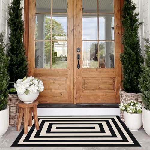 Modern Outdoor Rug - 28" x 43" Front Door Mat Indoor Outside Entrance Non-Slip Washable Outdoor Mat Black White Geometric Rug for Entryway Kitchen Bedroom Layered Doormat for Front Porch - Image 4