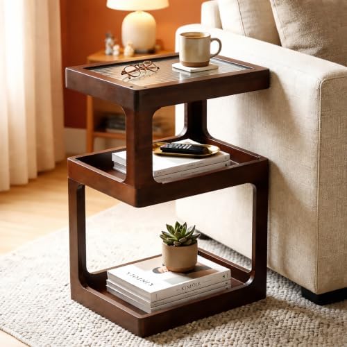 Solid Wood End Table, 3 Tier Small Side Table, Brown Accent Table by CheerNest