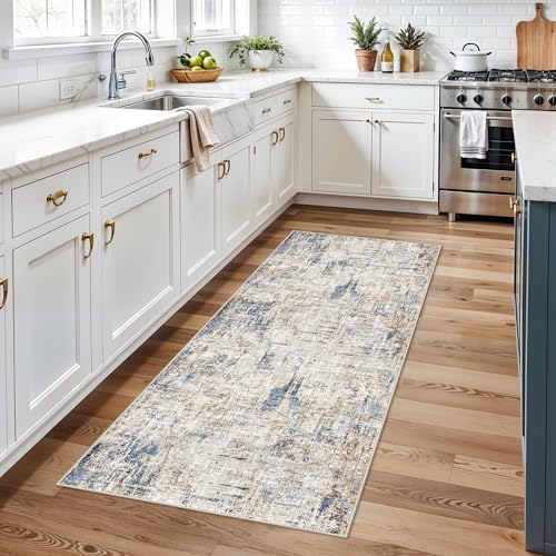 2x6 Washable Non-Slip Hallway Runner Rug – Modern Abstract Soft Carpet Runner for Kitchen, Bedroom with Rubber Backing – Low-Pile Thin Stain-Resistant Rug for Laundry Room, Entryway（Blue Brown） - Image 2