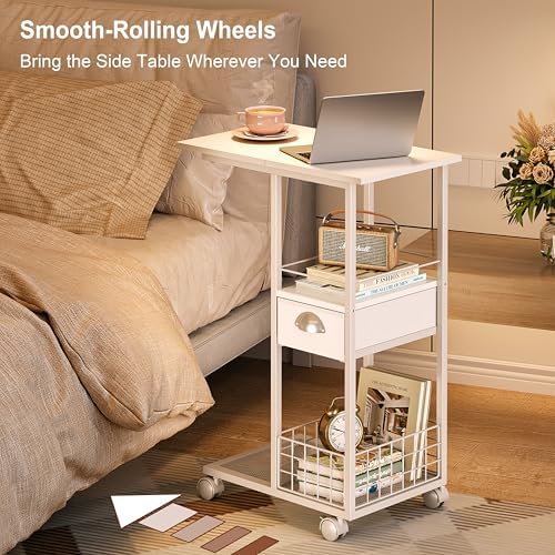 Rolling Side Table with Storage Drawer, White Bedside Table with Wheels, TV Tray for Sofa, Portable Desk on Wheels, Modern Night Stand, Overbed Table for Bedroom, C Shaped End Tables Living Room - Image 7