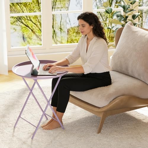 Garden 4 you Folding TV Tray Table, Metal Round Side Table, Purple Dinner Table with Metal Frame, Modern Outdoor Tray Table for Living Room, Bedroom, Patio & Small Spaces, 2 Packs - Image 4