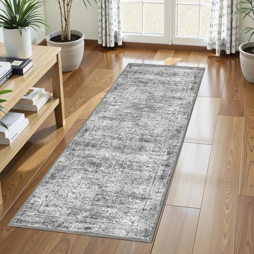 Washable Area Rug 2'6'' x 8' Vintage Traditional Persian Mat - Foldable Distressed Non-Slip Machine Washable Carpet for Living Room Bedroom Kitchen Home Decor - Graphite and Mist by Unknown