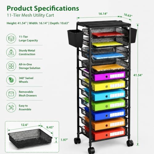 Ekisemio 11-Tier Rolling File Cart, Mobile Desk-Side Organizer with Top Shelf and Side Baskets, Wire Storage Rack for Letter Folders, Home Office & School, Black - Image 2