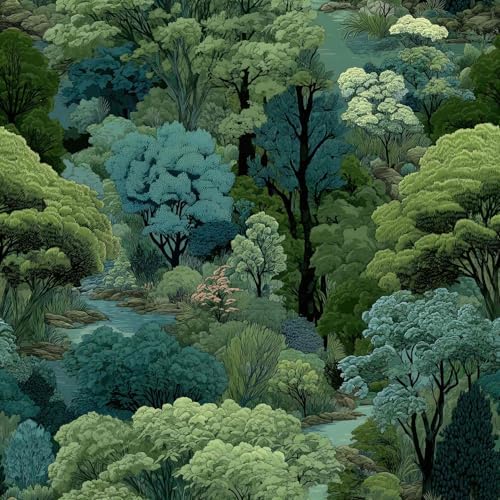 Serene Forest Stream Peel and Stick Wallpaper Forest | Green and Teal Art Deco Woodland Pattern Wallpaper for Home Decor | 17.7" x 118", Self-Adhesive, Waterproof Vinyl by Unknown