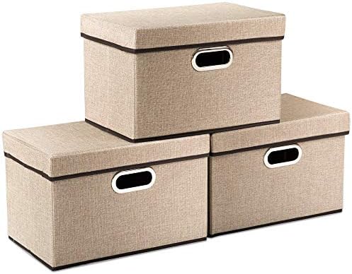 PRANDOM Collapsible Storage Cubes with Lids [3-Pack] Jute Fabric Foldable Storage Boxes Organizer Containers Baskets Bins with Cover for Home Bedroom Closet Office Nursery (14.9x9.8x9.8) by Prandom