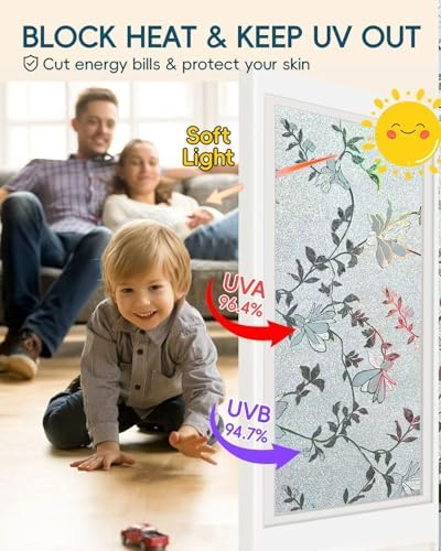 Frosted Glass Window Film with Elegant Flower Design, Bathroom Window Privacy Film for Glass Windows Cover, Static Cling, Removable, Reusable, Anti-UV, Anti-Glare, 35.4 Inch * 157.4 Inch - Image 3