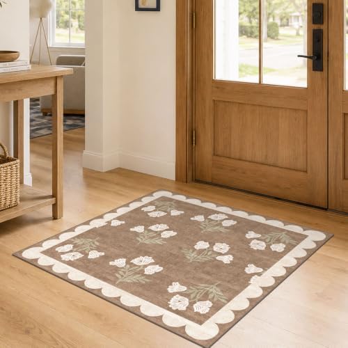 3x3 Square Entryway Rug - Non-Slip Washable Front Door Mat Indoor Outside Entrance Small Porch Rug Tan Neutral Floral Scalloped Throw Rugs for Entryway Kitchen Bedroom Office Front Porch Decor by Othilic