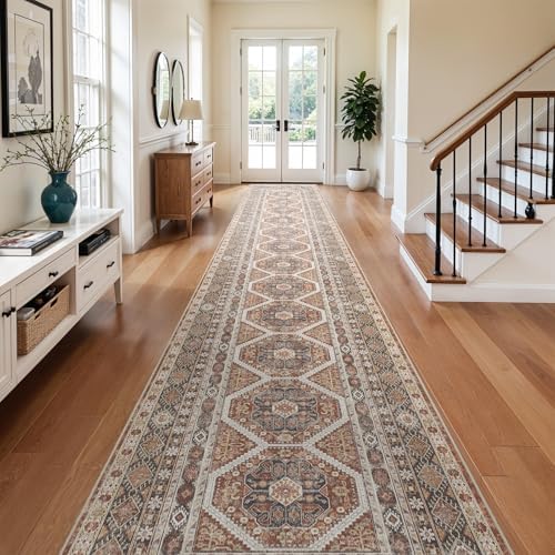 3x20 Runner Rug Washable Vintage: Non Slip Extra Long Hallway Runners Brick by Ksrau