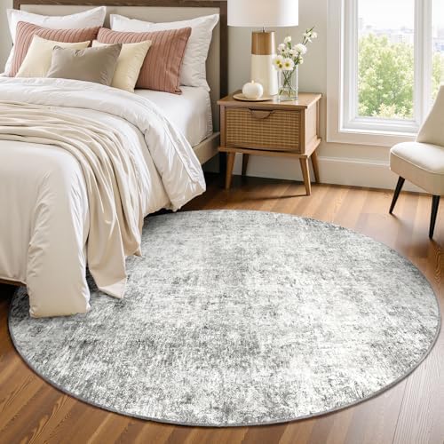 RELEANY Washable Round 6ft Area Rug for Living Room Gray White by RELEANY