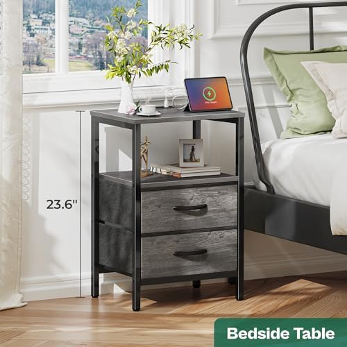 Huuger Nightstand with Charging Station, Side Table with Fabric Drawers - Image 3