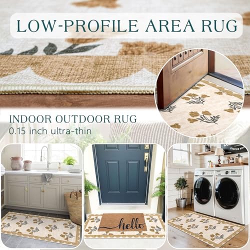 Front Door Mat Indoor Entrance - 2x4.3 Ft Floral Washable Layered Doormat Outdoor Entrance Spring Porch Rug Non-Slip Beige Boho Runner Rug for Kitchen Hallway Bedroom Laundry Room Porch Decor - Image 5