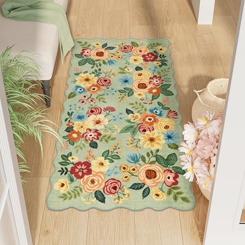 DUKINO 2x4 Rug for Entryway, Floral Washable Kitchen Rugs Non Slip, Green by DUKINO