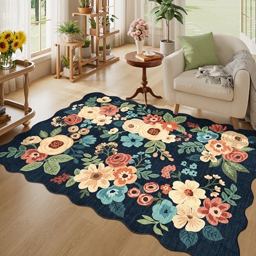 DUKINO 4x6 Area Rug, Non Slip Floral Washable Living Room Rug, Navy Blue by DUKINO
