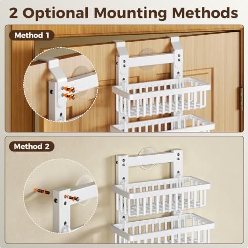 POKIPO 9 Tier Narrow Over The Door Pantry Organizer, 2 in 1 Wall Mount or Hanging Spice Rack with Adjustable Deep Basket, Heavy-Duty Seasoning Organizer and Storage for Kitchen Closet Bathroom (White) - Image 4
