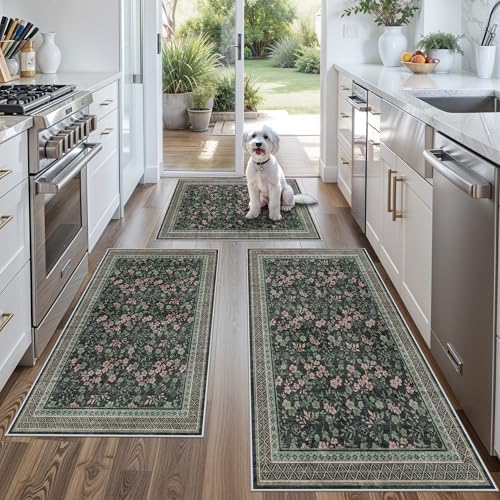 Kitchen Rugs 3 Piece Set, Washable Non-Slip Farmhouse Kitchen Mats for Hardwood Floor, Rustic Floral Boho Runner Rug for Sink,Entryway & Hallway & Bathroom (Dark/Green/Floral,2x3-2x4-2x5) by BYYVOORugsforYourHome