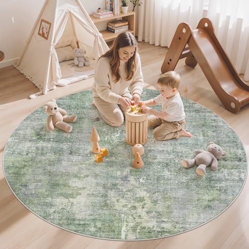 Soalmost Abstract 5x5 Round Rug 5ft Circle Living Room Rugs, Green/Ivory - Image 4