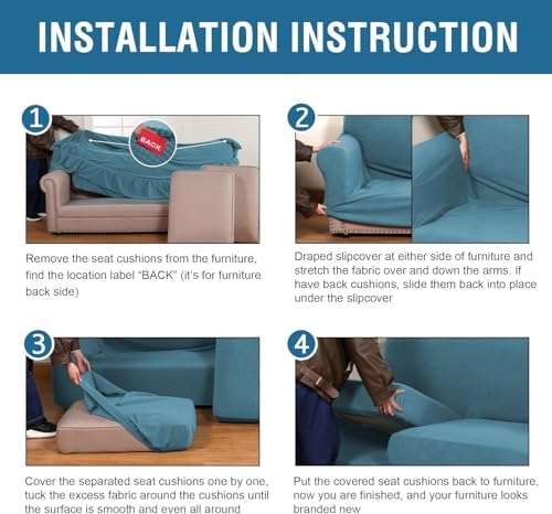 H.VERSAILTEX 4 Piece Stretch Sofa Covers for 3 Cushion Couch Covers for Living Room Furniture Slipcovers (Base Cover Plus 3 Seat Cushion Covers) Thicker Jacquard Fabric (Large Sofa, Storm Blue) - Image 6
