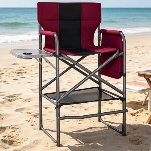 Tall Directors Chair 30" Seat Height, Bar Height Folding Chair with Side Table, Foldable Camping Chair with Side Pocket for Makeup Artist, Sports Event, Supports 400LBS - Red by Tisetrail