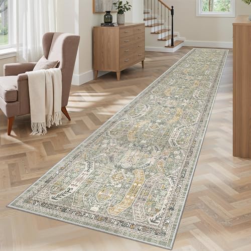 Madane Washable Runner Rugs 2x12 Long for Hallway Kitchen Soft, Green/Gold by Madane