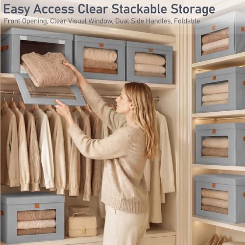 DIMJ Storage Bins with Lids - 4 Pack Front Opening Stackable Fabric Storage Boxes with Clear Window & Handles, Collapsible Closet Organizers for Clothes, Sweaters, Shelf Storage, Bedroom, Gray - Image 2