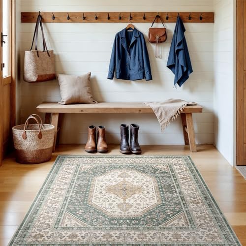 4x4 Square Washable Area Rug - Non-Slip Vintage Throw Rugs Green Beige - Image 2