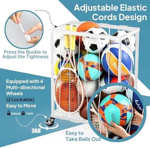 TomCare Garage Ball Storage Rack, Rolling Sports Cart with Lockable Wheels - Image 3