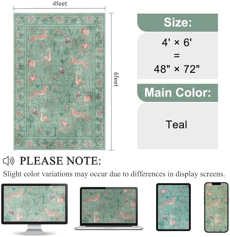DUKINO 4x6 Area Rug, Non Slip Animal Washable Rug for Living Room, Teal - Image 2