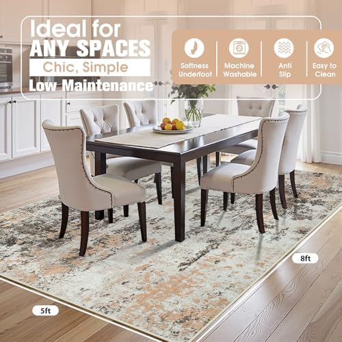 5x8 Area Rugs for Living Room Washable Bedroom Dining Room Brown Beige - Image 2